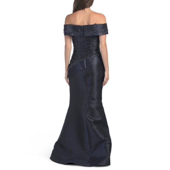 TERANI Navy Off The Shoulder Mikado Floral Gown - Picture 2 of 2